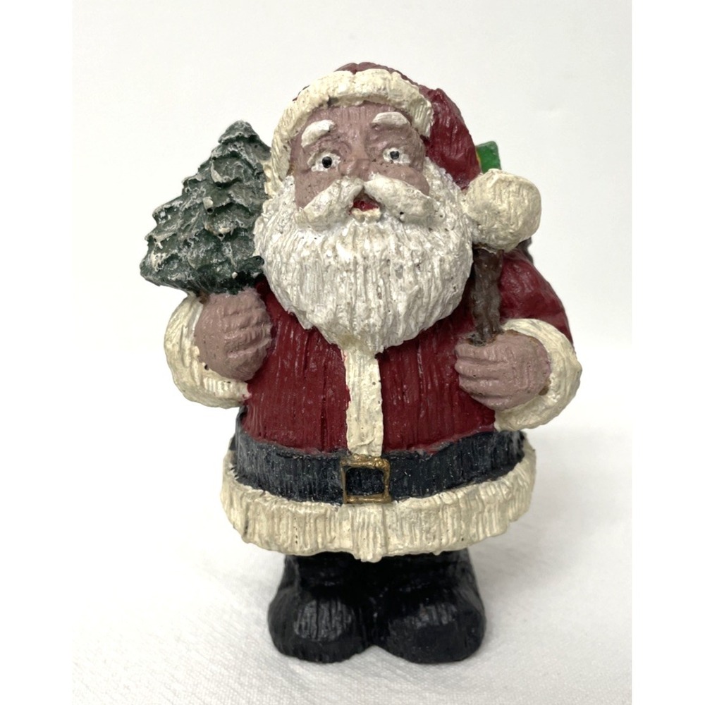 Vtg Hand Painted Resin Santa Figurine Carrying Tree & Bag 4.25" H Christmas